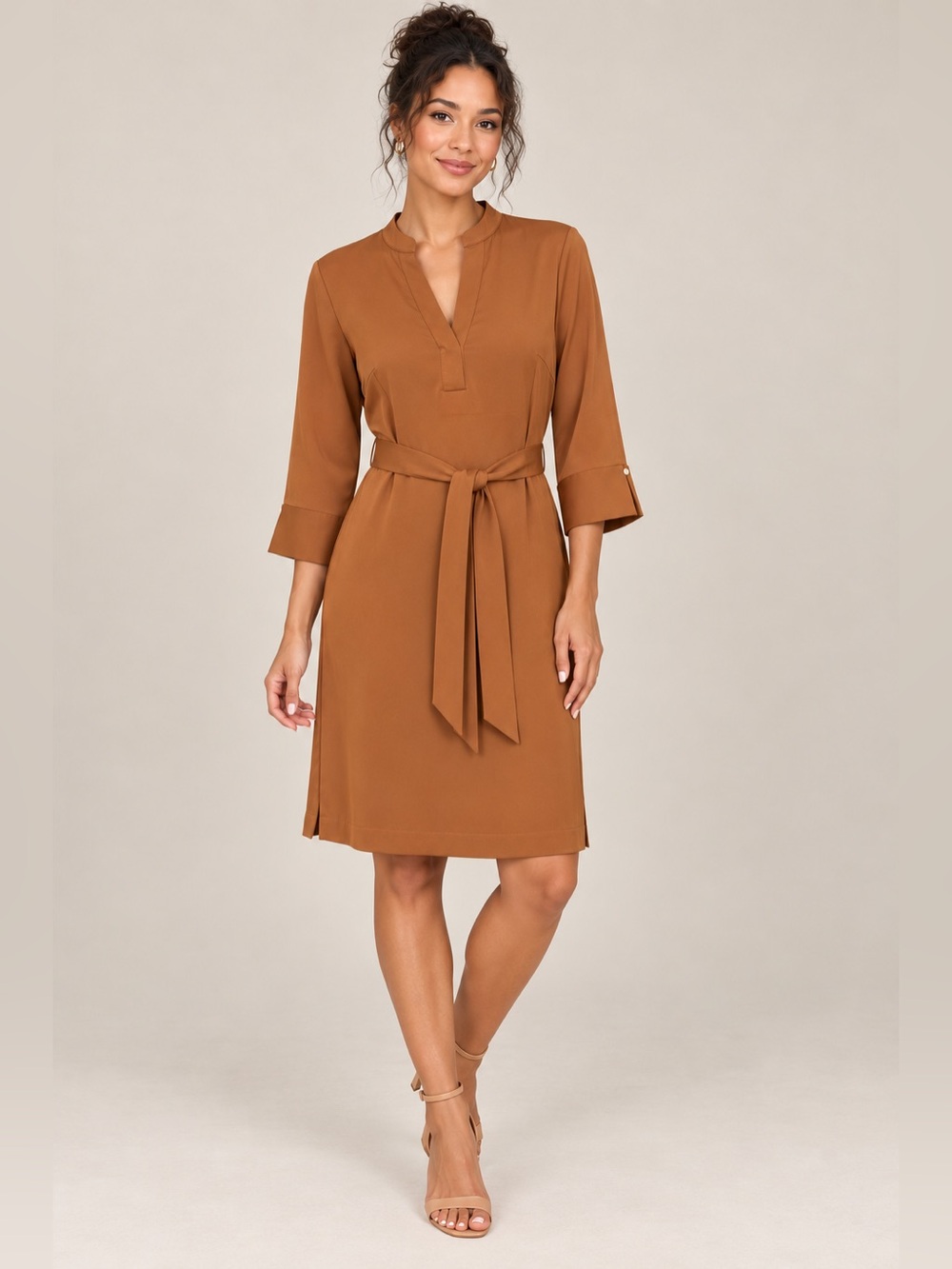 H&M Cognac Brown Belted V-Neck 3/4 Sleeve Shirt Dress Women’s Size 2 EUC